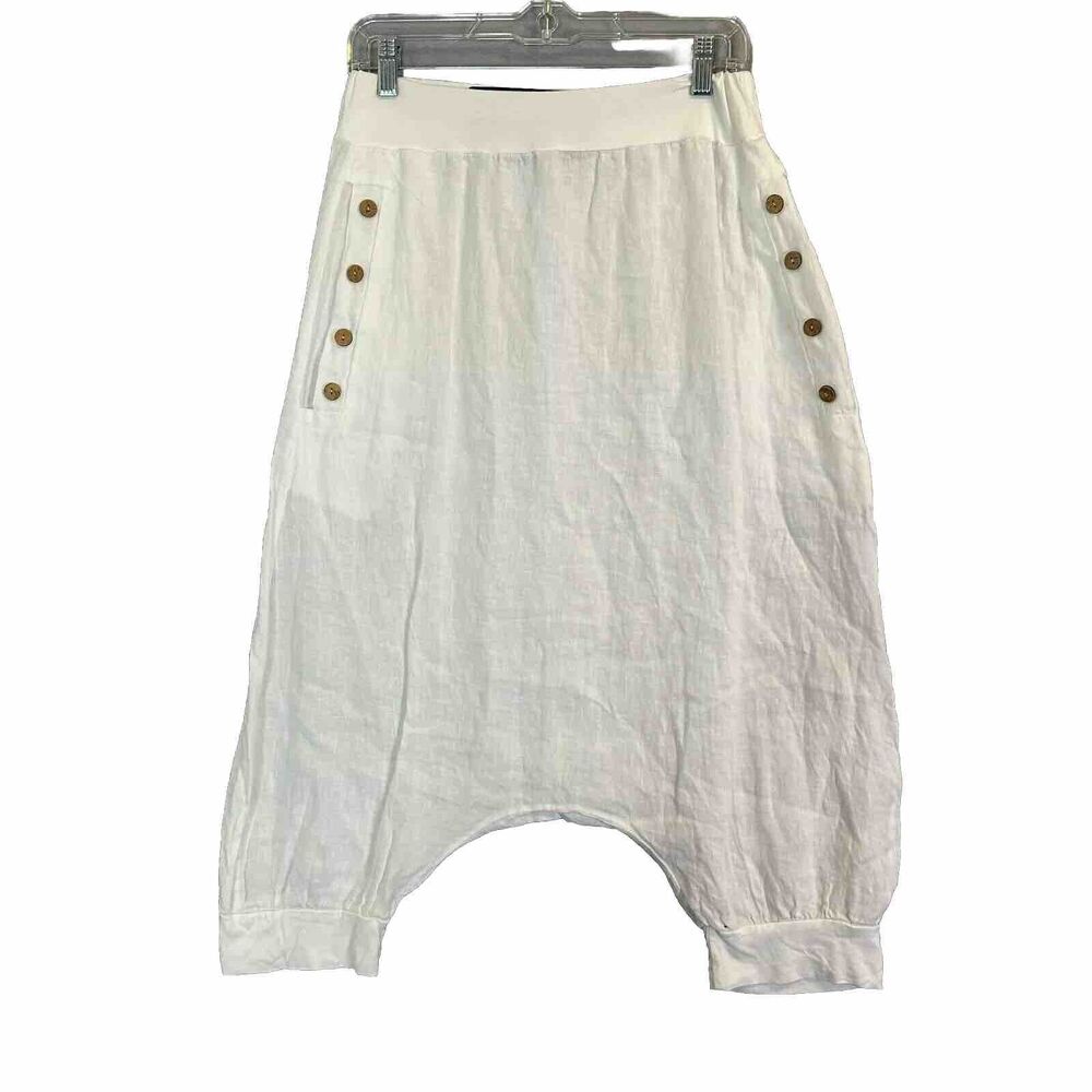 Women's White Cropped Harem Pants with Button Side Detail